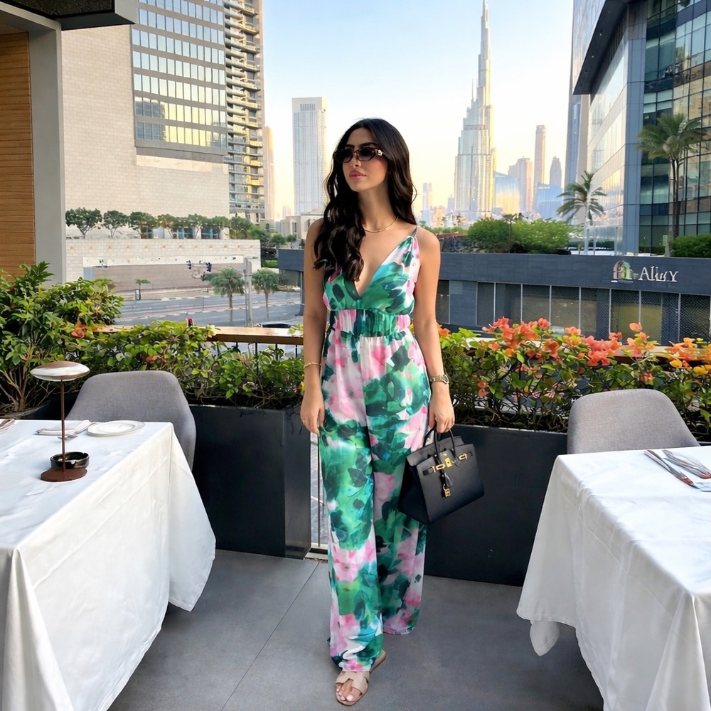 ZARA Watercolor Floral Wide Leg Jumpsuit Pink Green V-Neck Open Back Resort S